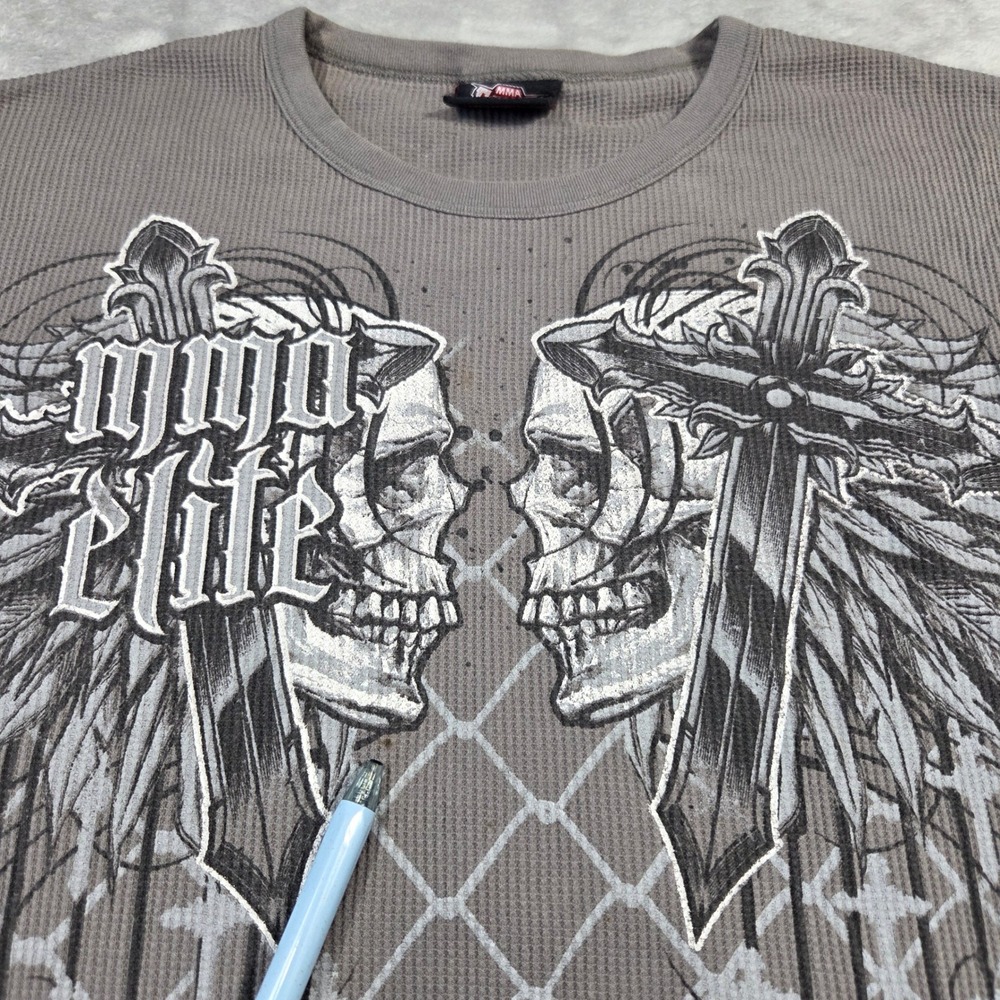 MMA Elite Mens XL Gray Waffle Knit Thermal Graphic Y2k Shirt Skulls Crosses Punk - Picture 7 of 10